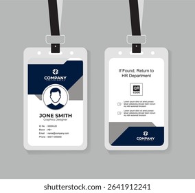 Modern Navy Blue and White ID Card Template with QR Code for Company Staff and Employee