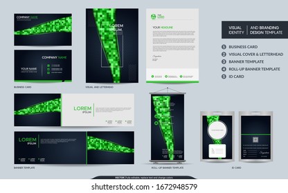 Modern navy and green colorful stationery mock up and visual brand identity set. Vector illustration mock up for branding, background, cover, card, product, event, banner, website. 