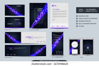 Modern navy and purple colorful stationery mock up and visual brand identity set. Vector illustration mock up for branding, background, cover, card, product, event, banner, website. 