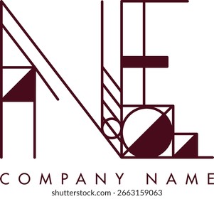 Logo NE moderno con un monograma dentro de un marco circular en estilo minimalista, ideal para la marca. El diseño muestra Formas abstractas con líneas limpias que enfatizan la elegancia y el profesionalismo.