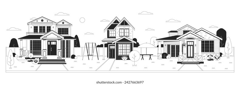 Modern neighborhood black and white cartoon flat illustration. Emerging residential area. Exterior buildings 2D lineart object isolated. Family friendly cottages monochrome scene vector outline image