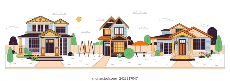 Modern neighborhood line cartoon flat illustration. Emerging residential area. Front view buildings 2D lineart object isolated on white background. Family friendly cottages scene vector color image