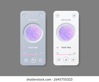Moderno neomorfismo audio player UI modelos com pastel rosa e roxo gradientes, elementos redondos mínimos, sombras suaves. Design de interface de aplicativo de música móvel para projetos gráficos, Web ou UX.