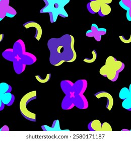 Modern Neon 3D Shapes Seamless Texture.Seamless abstract pattern with 3D geometric shapes on a black background fabric prints, wallpapers, packaging,branding,modern digital designs.Vector illustration