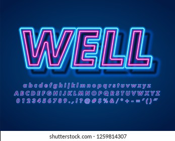 Modern Neon Alphabet. Glowing Bright 3d Double Pop Neon Text Effect With Blur Shadow. Complete Symbol Letter Number