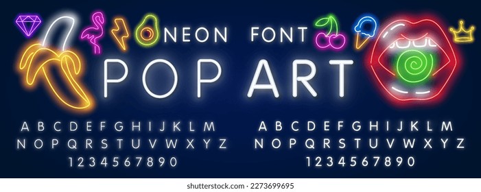 modern neon alphabet. glowing bright 3d double pop neon text effect with blur shadow. complete symbol letter number