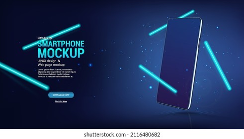 Modern neon background with Mockup smartphone in perspective. Realistic 3D cellphone. Blue mockup mobile phone. Smartphone for presentation product UI, UX, KIT. Vector illustration template cell phone