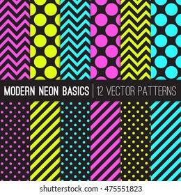 Modern Neon Colors Vector Patterns in Polka Dots, Chevron and Stripes. Fluorescent Yellow, Pink and Turquoise Geometric Basics. Glow in the Dark Backgrounds. Pattern Swatches Made with Global Colors.