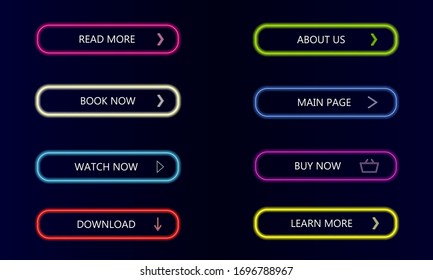 Modern neon glowing shop buttons on dark gtradient background. Buy now, watch now, learn more, download and read more in neon. Vector illustration for web site, shop and ui.