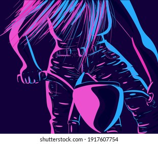 Modern neon illustration of a motorcyclist riding a bike. Silhouette of a metalhead woman in leather jeans on a scooter.