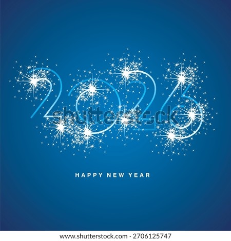 Modern neon light design for New Year 2026 with white lines and sparkling fireworks. Sprinkler path in the shape of a 2026 logo, blue background, greeting card