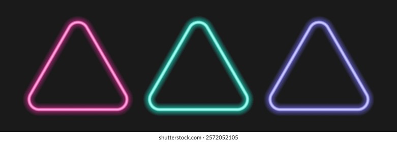 Modern neon light geometric shapes. Three vibrant neon triangle frames on dark backdrop. Green pink purple luminous glowing frames. Element for design