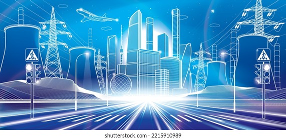 Modern neon lights night city. Large highway. Infrastructure illustration, urban scene. Thermal power plant and power lines. White outlines on blue background. Vector design