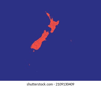 Modern Neon Orange Color High Detailed Border Map Of New Zealand, Isolated on Blue Background Vector Illustration