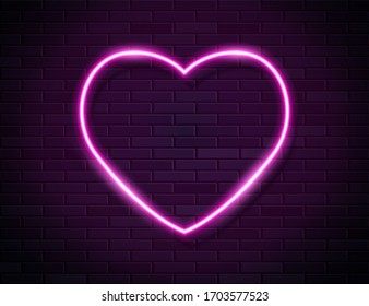 Modern Neon Pink Glowing Heart Banner on Dark Empty Grunge Brick Background. Vector Vintage Red Heart Sign. Retro Neon Valentines Day Symbol