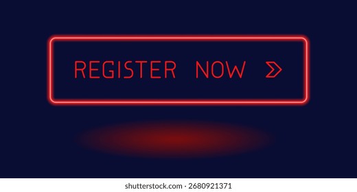 Moderno neon vermelho botão CTA com sombra, "Registre agora" texto, ícone de seta, efeito 3D, elemento de interface do usuário da Web para landing pages, aplicativos móveis ou banners.