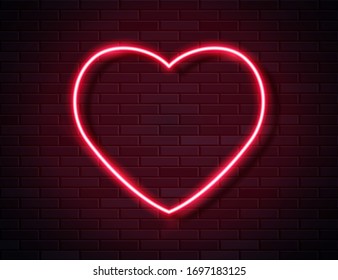 Modern Neon Red Glowing Heart Banner on Dark Empty Grunge Brick Background. Vector Vintage Red Heart Sign. Retro Neon Valentines Day Symbol