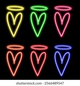 Modern Neon Red Glowing Heart Banner on Dark Empty Grunge Brick Background. Vector Vintage Red Heart Sign. Retro Neon Valentines Day Symbol.