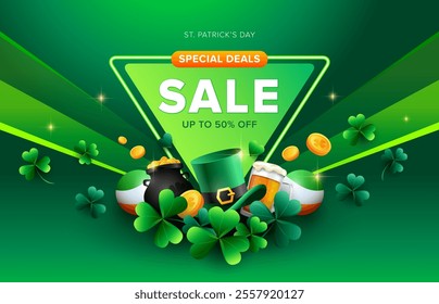 Modern neon sale background for Saint Patrick’s Day with leprechauns green hat, gold coins, beer and shamrock leaves. Vector illustration for promotion.