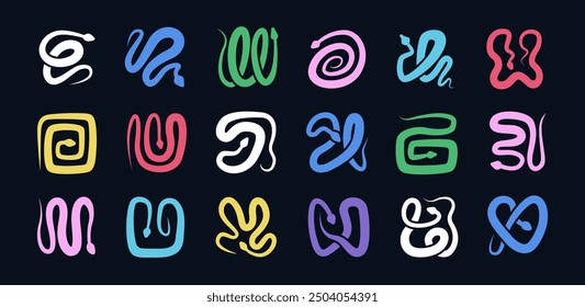 Modern neon snake vector illustration. Contemporary square tiles with colorful snakes in different poses. Simple abstract wavy snakes collection for print or web