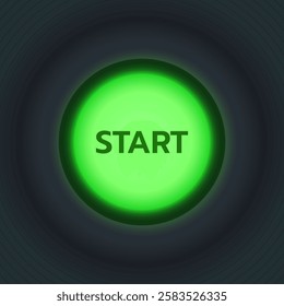 Modern Neon Start Power Button with Glowing Green Circular Design for Technology, Interface, and Cyberspace. Realistic 3D Illustration for Gaming, Marketing, Website, and Multimedia Concepts.