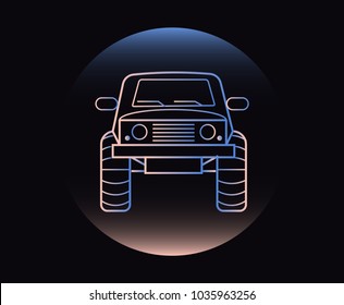 Modern Neon Thin Icon of of-road car on Black Background. Vector isolated illustration