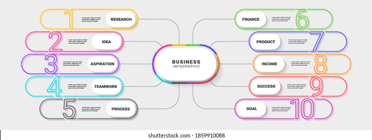 Modern Neon Thin Line Infographic Template Ten Steps for Success. Business Process Chart with Options for Brochure, Diagram, Workflow, Timeline, Number Options. Vector EPS 10