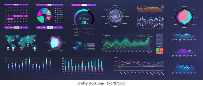 Modern Neon UI, UX And KIT Elements Interface With Charts, Graphics And Infographics. Network Management Data Screen With Charts And Diagrams HUD. Modern UI With Neon Colors. Vector Graphics Set