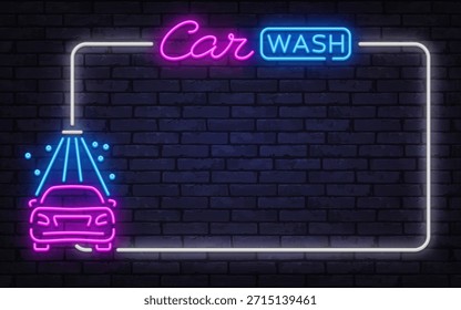 Moderno marco de Vector de neón con letrero de lavado de coches e icono de vehículo de lavado. Conveniente para la promoción del servicio auto, marca del garaje, y diseños comerciales urbanos.