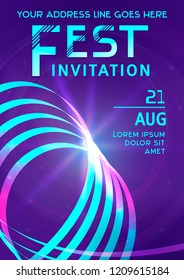 Modern neon vector template of fest invitation, club party flyer.