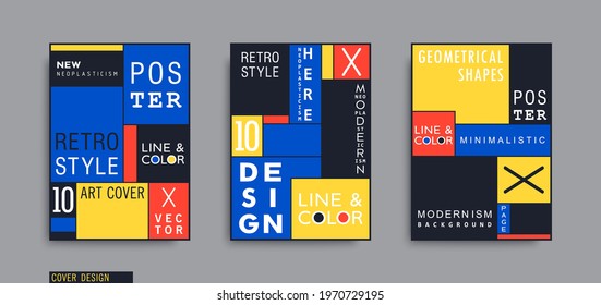 Modern Neoplasticism style posters. Mondrian style geometric composition. Vector banners design