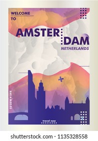 Modern Netherlands Amsterdam skyline abstract gradient poster art. Travel guide cover city vector illustration