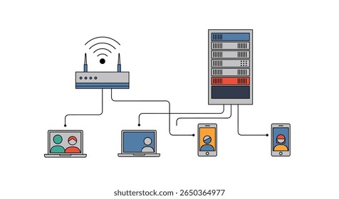 Arquitetura de rede moderna conectando dispositivos a servidores e roteadores wireless para um fluxo de dados eficiente