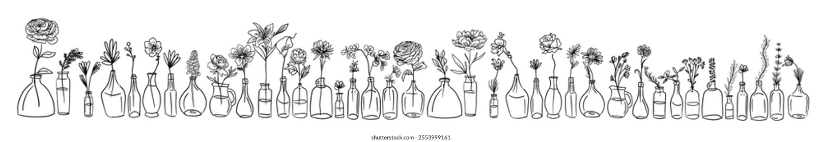 Modern network of isolated and drawing doodle flowers in vases, bottles. Pattern flowers drawing one line. hand drawing. Not AI, Vector illustration.