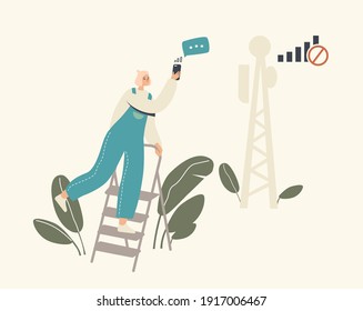 Modern Network Technology Error, No Wi-fi Signal At Hotspot. Female Character Climb On Ladder Catching Signal From Transmitting Tower For Smartphone Internet Connection. Cartoon Vector Illustration