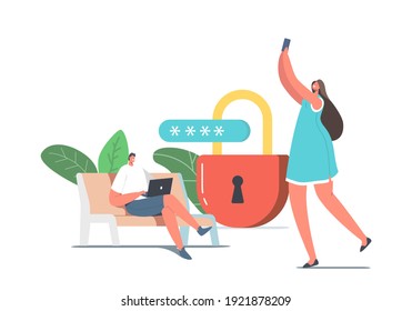 Modern Network Technology, Free Wi-fi Hotspot. Tiny Male and Female Characters at Huge Lock use Internet on Laptop and Smartphone via Wifi Wireless Connection. Cartoon People Vector Illustration