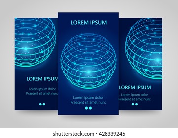 Modern network vertical banners, Global sphere sign, 3d neon sphere, Planet flyer set. global network infographics. template design element, Vector illustration