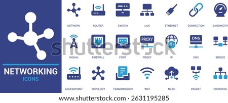Modern networking icons set featuring LAN, router, firewall, DNS, proxy, IP, and WiFi. Ideal for web, IT infrastructure, data transmission, and tech designs.



