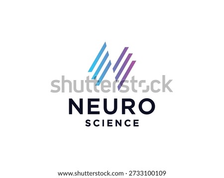 Modern neuroscience logo. Abstract 'n' symbol using gradient blue to purple lines. Professional science.