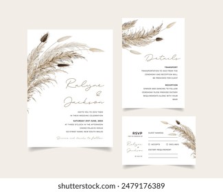 Modern neutral and unique boho wedding invitation with dried pampas grass and bunny tails grass