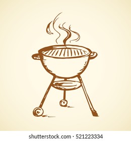 Modern new blank circle grate Bbq heater device for steak snack isolated on white backdrop. Outline black hand drawn picture sign sketch in art scribble retro style pen on paper with space for text