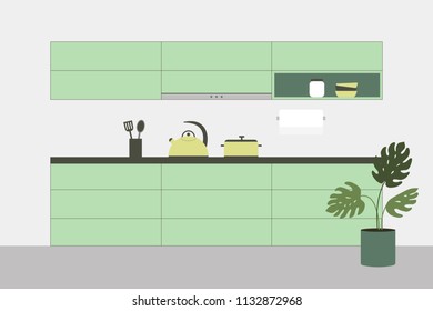 Modern new light interior of kitchen with green furniture and kitchenware. Flat style vector illustration.