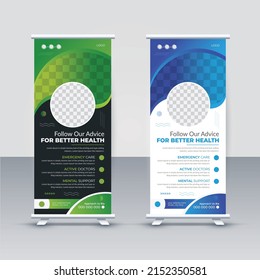 Modern New Professional and Corporate Medical roll up banner vector template design or Minimalist poll up standee for healthcare hospital. Medical flyer, web banner advertisement or social media 