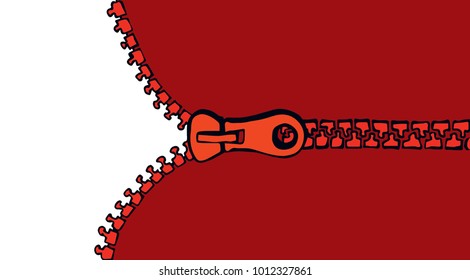 Modern new red closed fly clasp locker puller divide tool set on white wear pattern backdrop. Bright scarlet color hand drawn union object emblem sketch in retro art cartoon style with space for text