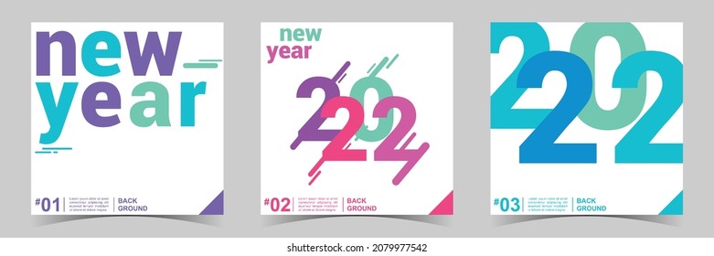 Modern New Year 2022 Square Background. Set of 3 Simple Vector Flat Style. Suitable for banner, cover or poster