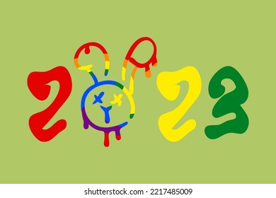 Modern New Year 2023 background with melting bunny face and numbers in rainbow colors. Perfect for T-shirt, print, poster. Vector illustration for decor and design.


