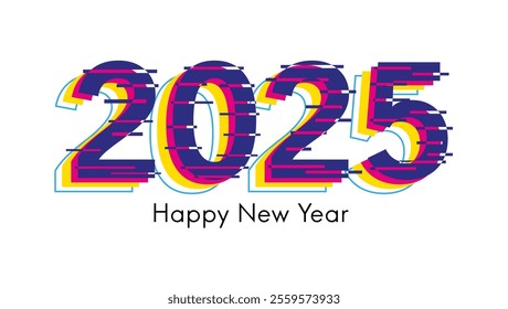 A modern New Year 2025 design featuring bold 2025 with a colorful glitch effect in blue pink and yellow and Happy New Year text below creating a dynamic retro inspired look