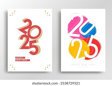 Modern New Year 2025 greeting cards with bold typography and vibrant colors on minimalist white background