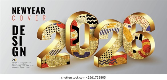 Modern New Year 2026 cover design featuring 3D gold numbers with colorful geometric patterns on a light gray gradient background. Stylish and festive layout with bold typography and placeholder text