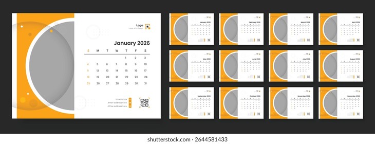 Modelo de calendário de mesa de ano novo moderno 2026. Modelo de calendário para 2026 com início de semana no domingo.